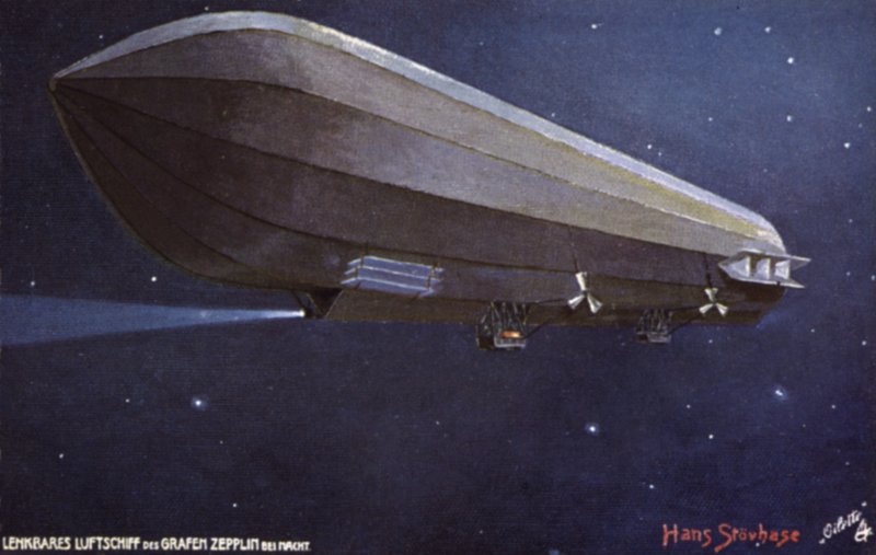 Dirigible Zeppelin volando de noche de German School