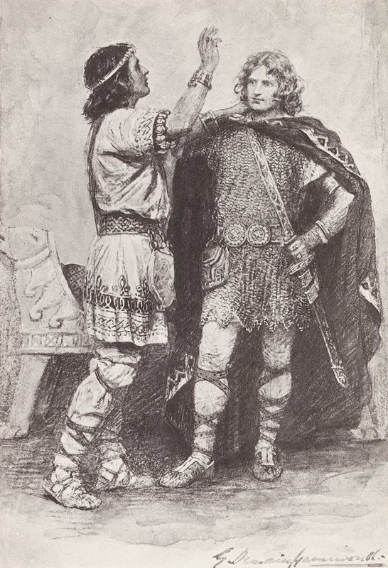 Ilustración para La historia de Hereward, el campeón de Inglaterra (litografía) de Gertrude E. Demain (after) Hammond