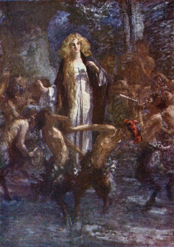 "Los sátiros bailaron alrededor de ella con júbilo" (litografía en color) de Gertrude E. Demain (after) Hammond