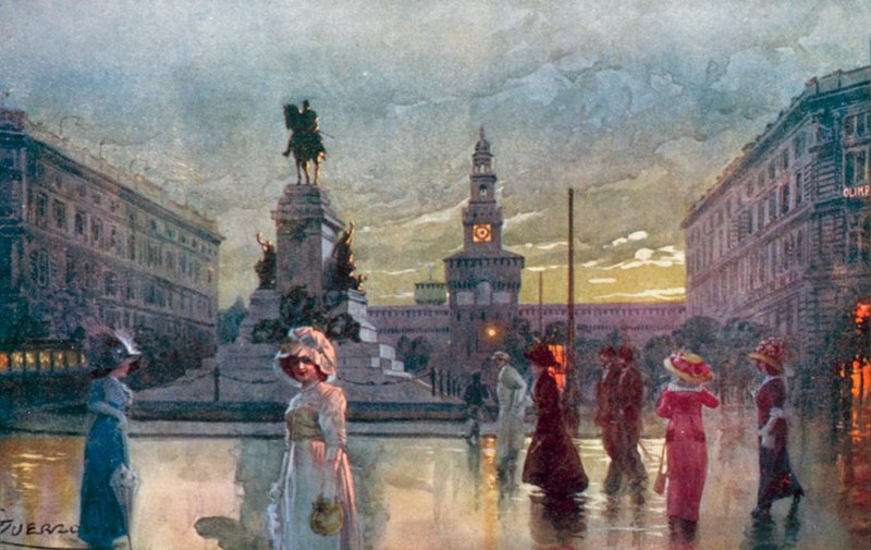 Milán / Milan: Largo Cairoli y Monum, en Garibaldi (litografía en color) de Giovanni Guerzoni