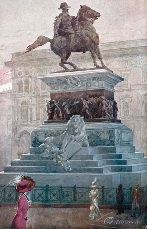 Milán / Milan: Monumento a Víctor Manuel II (litografía en color) de Giovanni Guerzoni
