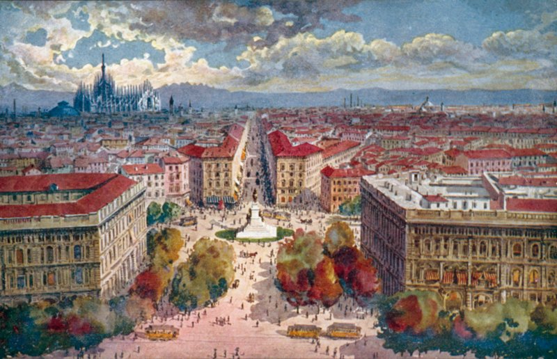 Milán / Milan: Panorama desde el castillo (litografía en color) de Giovanni Guerzoni