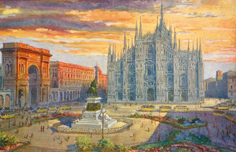 Milán / Milan: Piazza del Duomo (litografía en color) de Giovanni Guerzoni