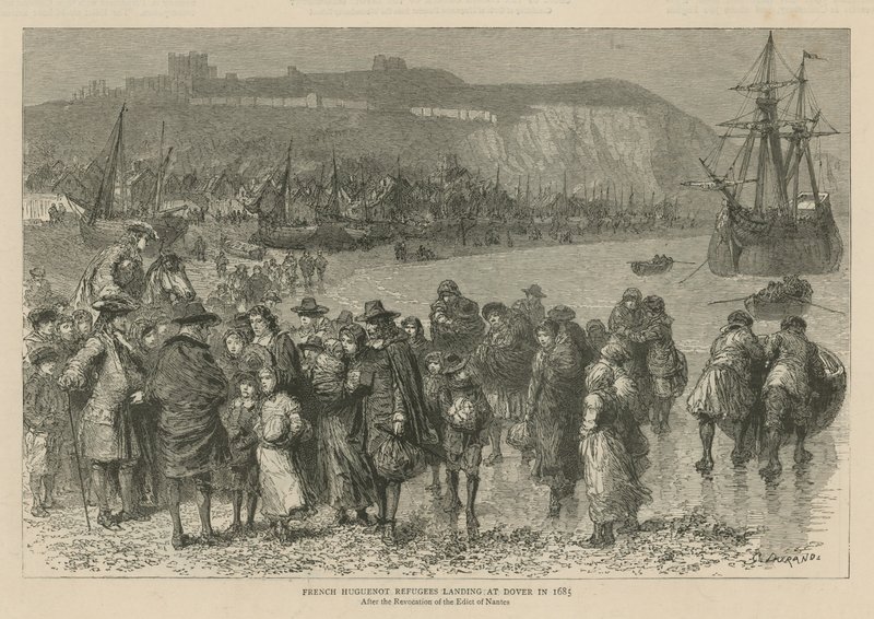 Los hugonotes en Inglaterra: Refugiados hugonotes franceses desembarcando en Dover en 1685 (grabado) de Godefroy Durand
