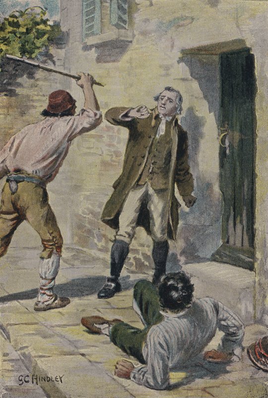 John Lombe atacado por italianos mientras visitaba Italia para investigar máquinas de hilar de Godfrey C. Hindley