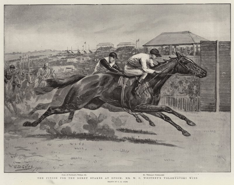El final de las apuestas del Derby en Epsom, gana Volodyovski de Mr. W C Whitney de Godfrey Douglas Giles