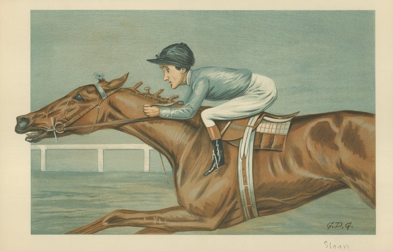 Tod Sloan, un jinete americano, 25 de mayo de 1899, caricatura de Vanity Fair de Godfrey Douglas Giles