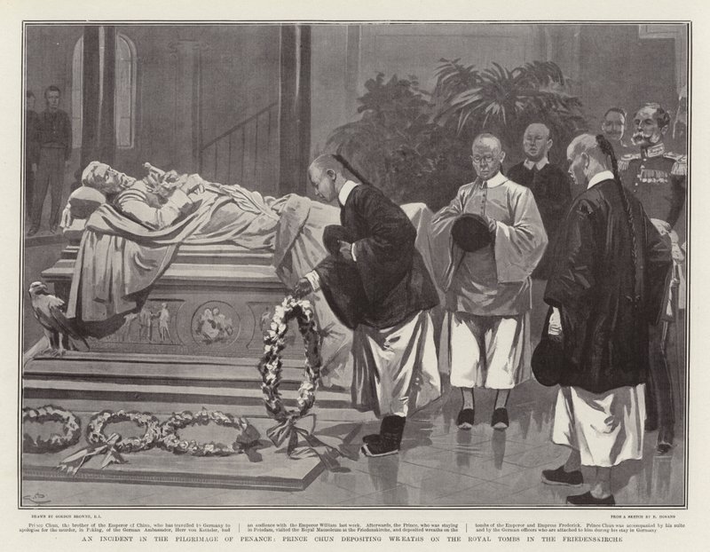 Un incidente en la peregrinación de penitencia; el Príncipe Chun depositando coronas en las Tumbas Reales en la Friedenskirche de Gordon Frederick Browne