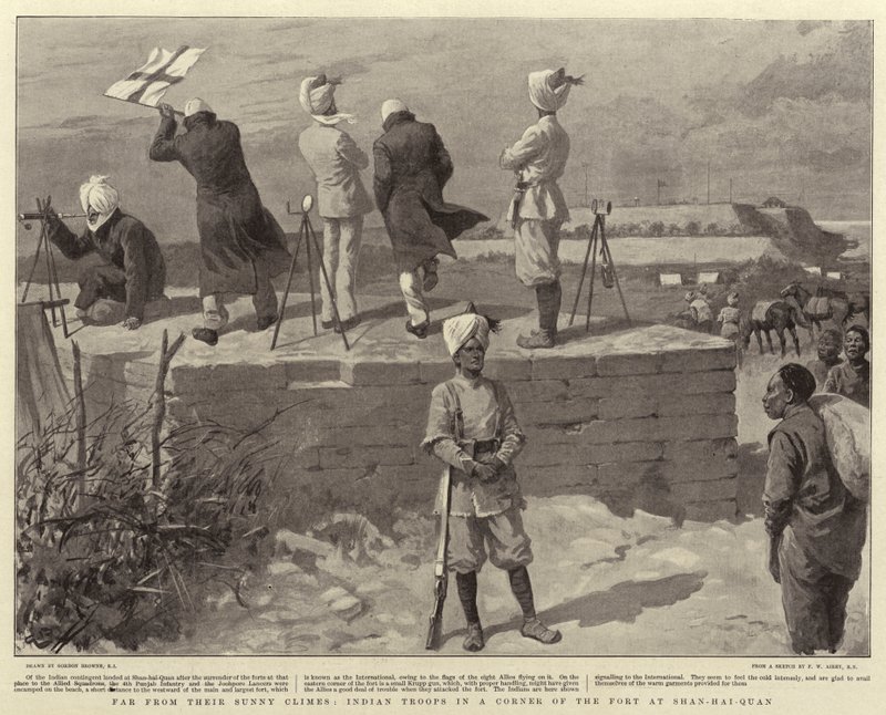 Lejos de sus Climas Soleados, Tropas Indias en un Rincón del Fuerte en Shan-Hai-Quan de Gordon Frederick Browne