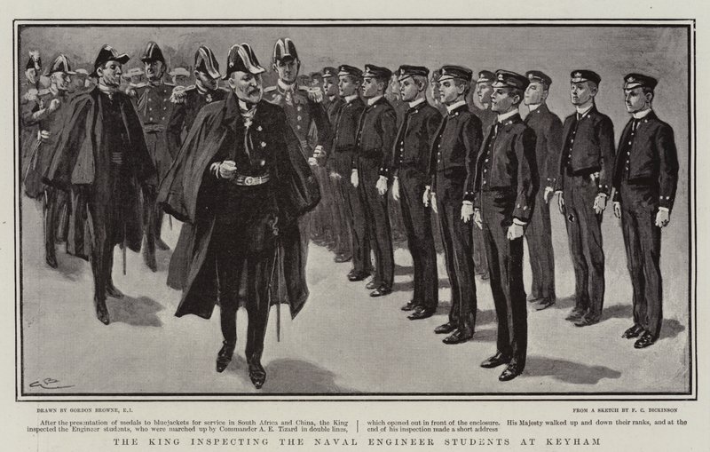 El Rey inspeccionando a los Estudiantes de Ingeniería Naval en Keyham de Gordon Frederick Browne