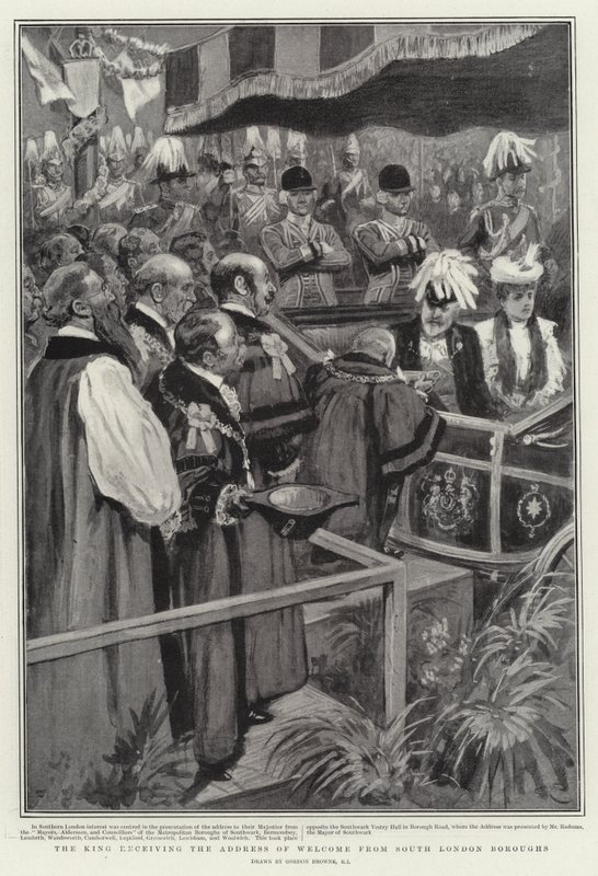 El Rey recibiendo la dirección de bienvenida de los distritos del sur de Londres de Gordon Frederick Browne