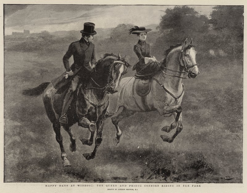 Días felices en Windsor, la Reina y el Príncipe Consorte cabalgando en el parque de Gordon Frederick Browne