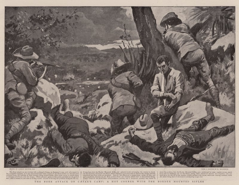 El ataque bóer al campamento de César, una esquina caliente con los rifles montados de la frontera de Gordon Frederick Browne