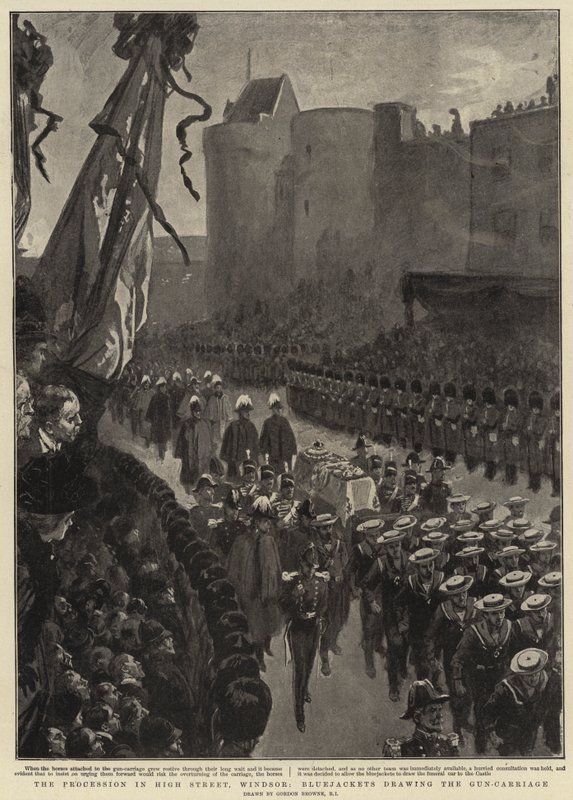 La procesión en High Street, Windsor, marineros tirando del carro de armas de Gordon Frederick Browne