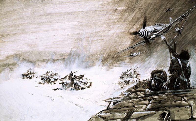 Un convoy de cinco camiones pesados que cruzan el Mar de Arena egipcio es atacado por un avión enemigo (gouache sobre papel) de Graham Coton