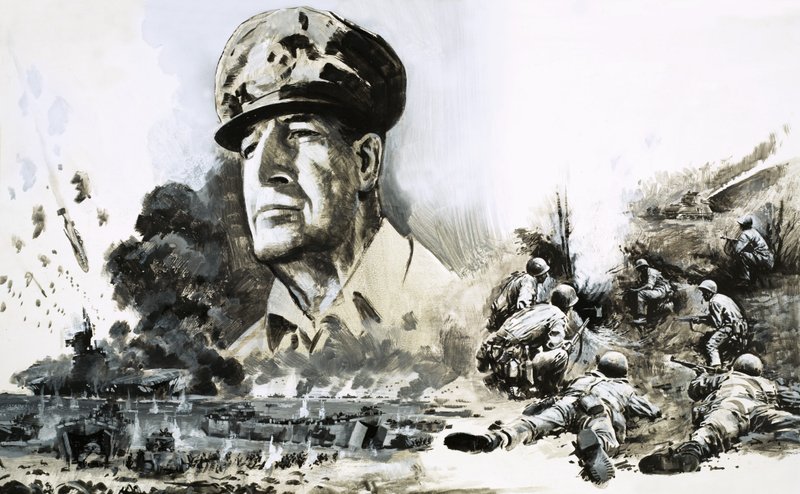Douglas MacArthur con escenas del Desembarco del Día D de Graham Coton