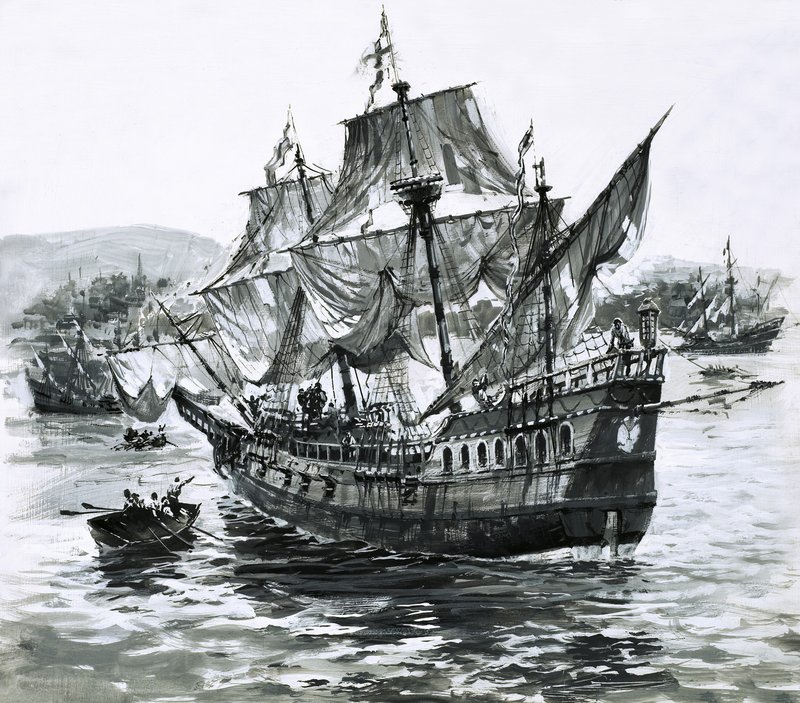 El barco de Drake, el Golden Hind, regresa cojeando a Portsmouth cargado de inmensas riquezas de Graham Coton