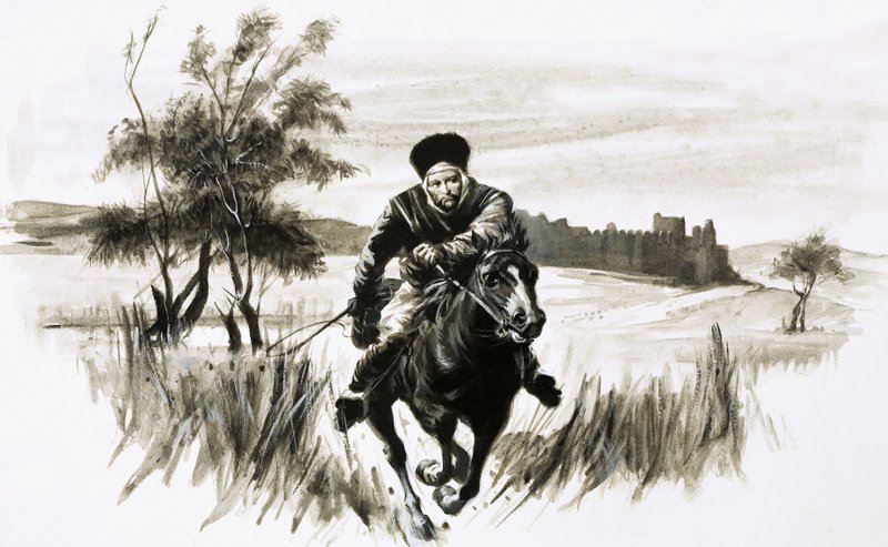 Fray Juan sobre un fogoso caballo mongol de Graham Coton