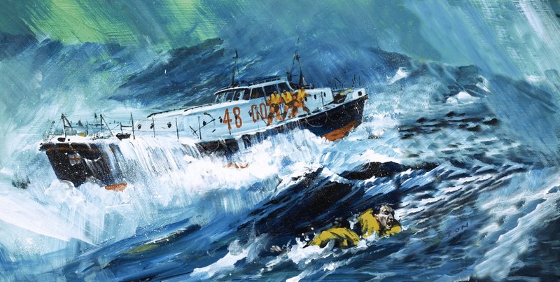 Bote salvavidas rescatando a un hombre en el mar de Graham Coton