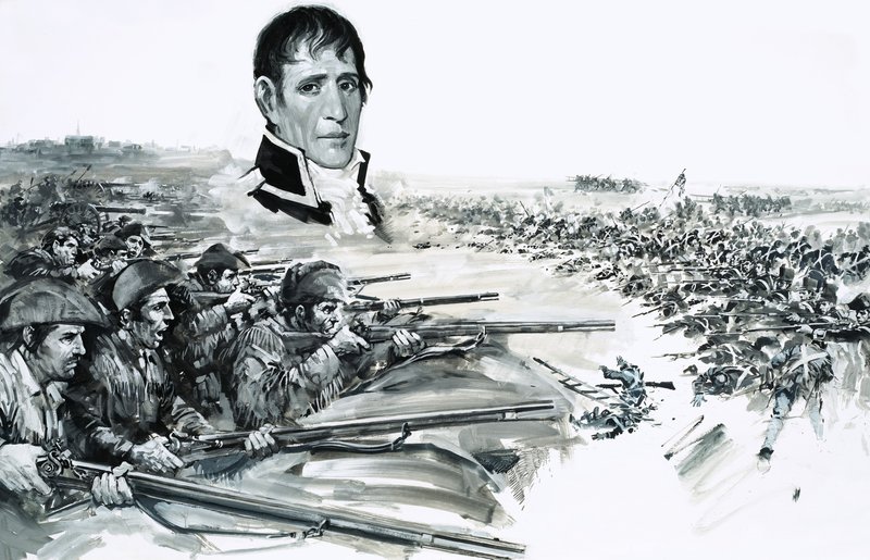Retrato del general Andrew Jackson sobre la imagen de la derrota británica en Nueva Orleans en 1815 de Graham Coton