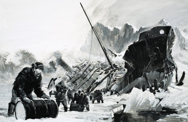 Pecio de barco no identificado en un glaciar helado de Graham Coton