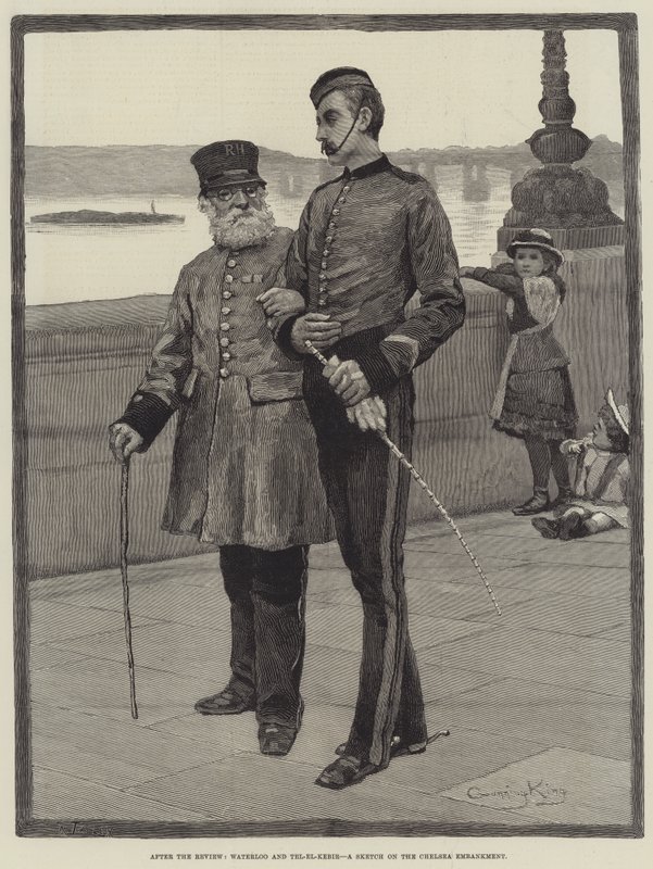 Después de la revisión, Waterloo y Tel-el-Kebir, un boceto en el Chelsea Embankment de Gunning King