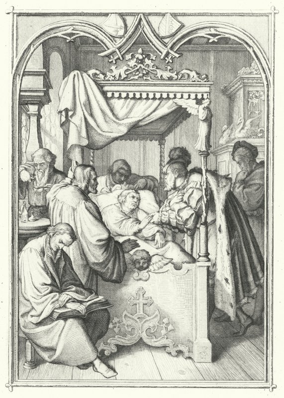 Juan, Elector de Sajonia, visita a Martín Lutero en el hospital (grabado) de Gustav Ferdinand Leopold Konig