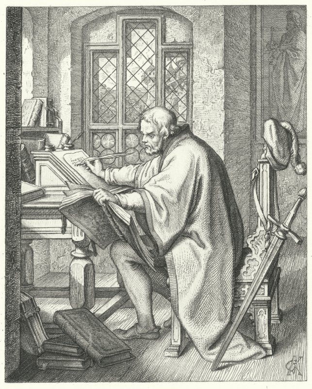 Martín Lutero comienza la traducción de la Biblia en el castillo de Wartburg de Gustav Ferdinand Leopold Konig