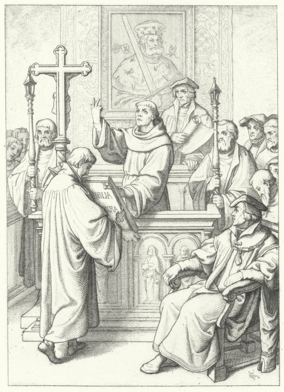 Martín Lutero recibiendo su doctorado por Andreas Karlstadt en la Universidad de Wittenberg de Gustav Ferdinand Leopold Konig