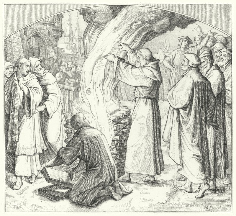 Martín Lutero quemando la bula papal en Wittenberg, 1520 de Gustav Ferdinand Leopold Konig