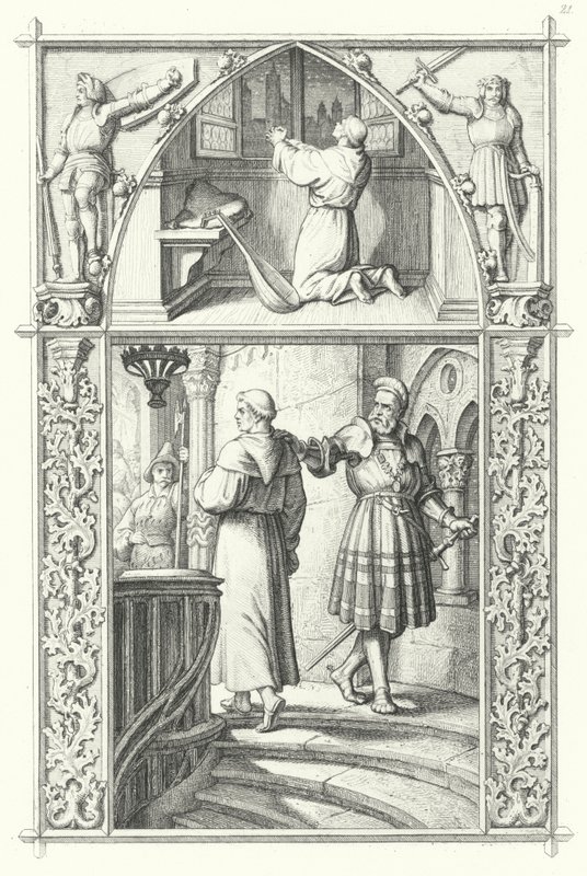 Martín Lutero en oración mientras se prepara para la Dieta de Worms (arriba). Georg von Frundsberg anima a Martín Lutero (abajo) (grabado) de Gustav Ferdinand Leopold Konig