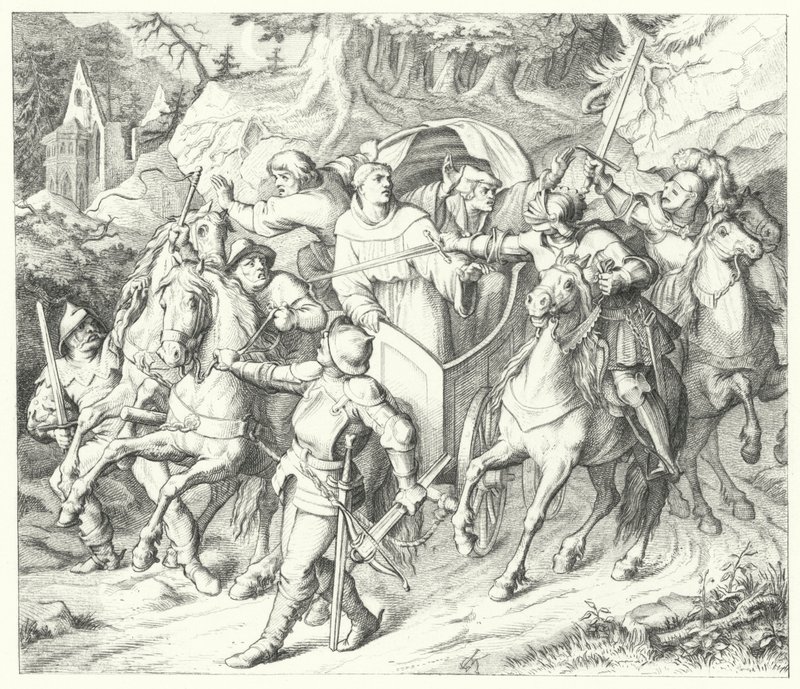 Martín Lutero es secuestrado a su regreso de la Dieta de Worms, 1521 de Gustav Ferdinand Leopold Konig