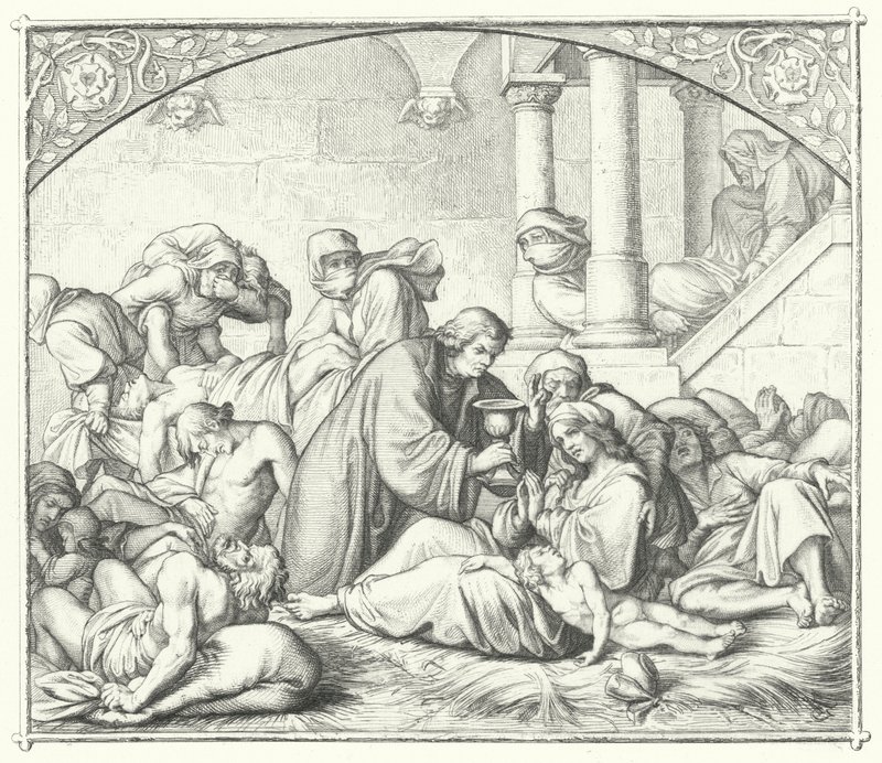 Martín Lutero ofreciendo consuelo a los afectados por la peste de Gustav Ferdinand Leopold Konig