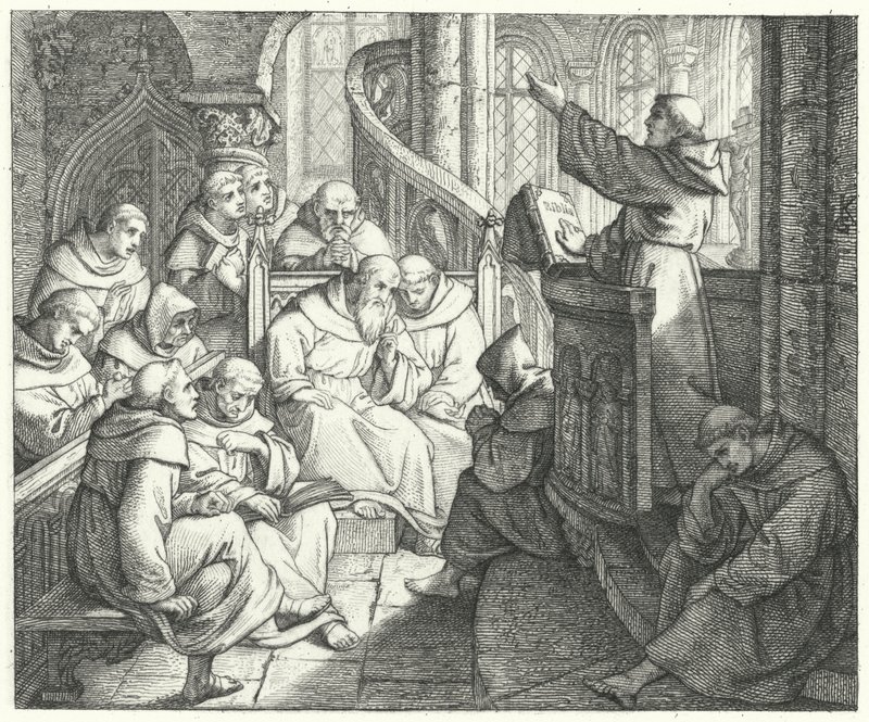 Martín Lutero predica a Johann von Staupitz y a otros monjes en el monasterio de Gustav Ferdinand Leopold Konig