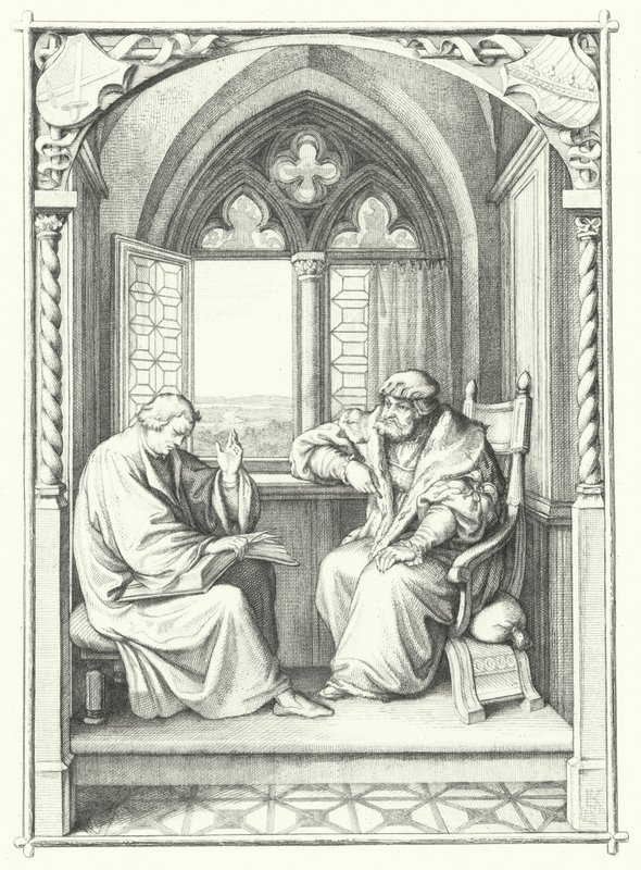 Martín Lutero leyendo la Biblia a Juan, Elector de Sajonia (grabado) de Gustav Ferdinand Leopold Konig