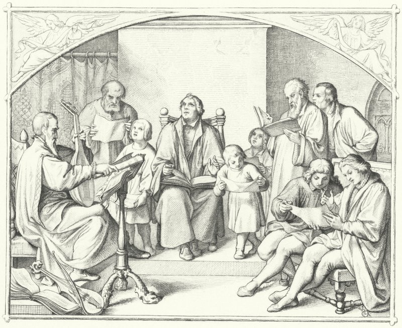 Martín Lutero cantando con un coro de iglesia de Gustav Ferdinand Leopold Konig