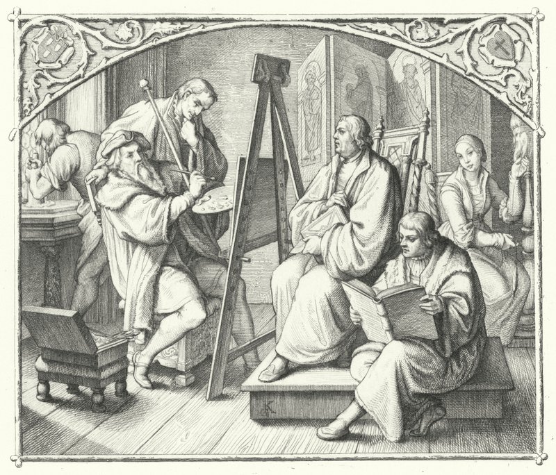 Martín Lutero posando para una pintura de Lucas Cranach el Viejo (grabado) de Gustav Ferdinand Leopold Konig