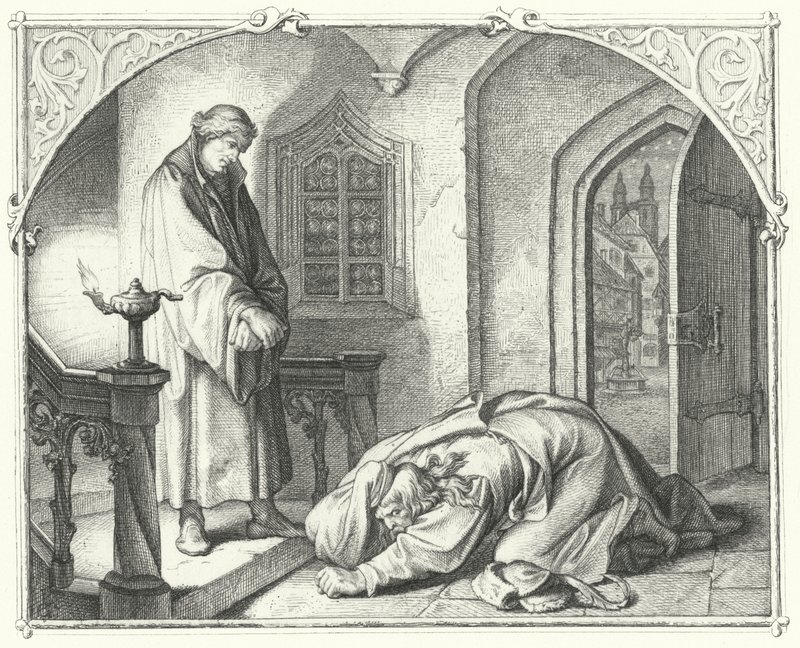 Martín Lutero con el comerciante Hans Kohlhase de Gustav Ferdinand Leopold Konig