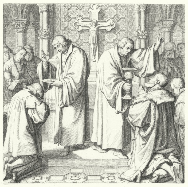 La Sagrada Comunión mostrada en formas protestante y católica (grabado) de Gustav Ferdinand Leopold Konig