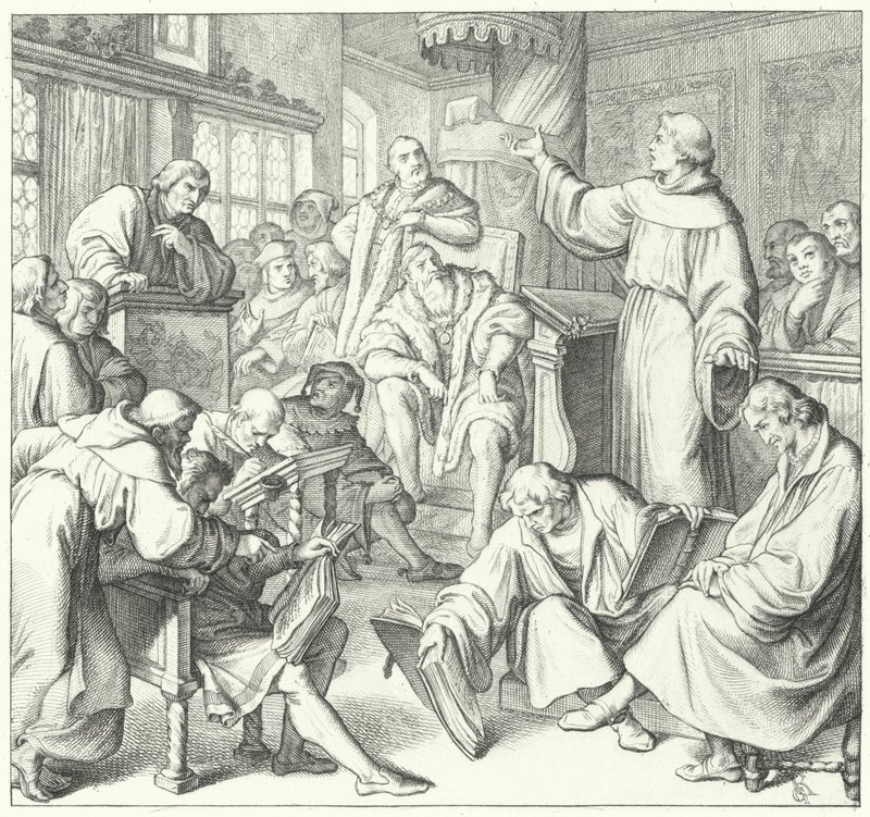 El debate de Leipzig, Andreas Karlstadt, Johann Eck y Martín Lutero, 1519 de Gustav Ferdinand Leopold Konig
