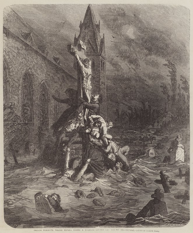 Campesinos franceses refugiándose alrededor de un crucifijo de Gustave Dore