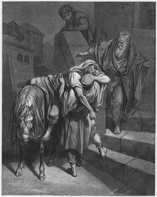 La Biblia de Gustave Doré: Llegada del Buen Samaritano a la posada de Gustave Dore