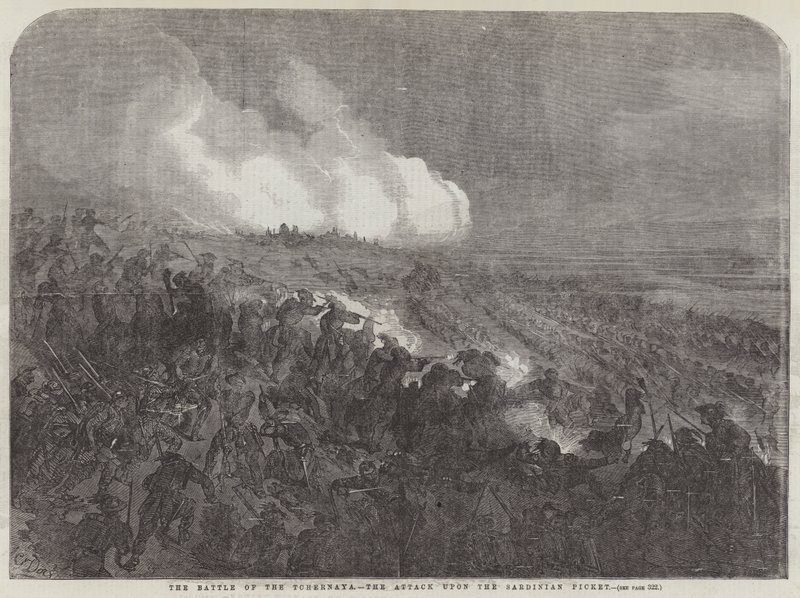 La batalla del Tchernaya, el ataque al piquete sardo de Gustave Dore