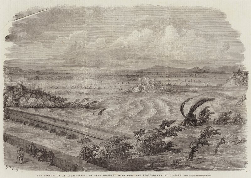 La inundación en Lyon, efecto del viento mistral sobre la inundación de Gustave Dore