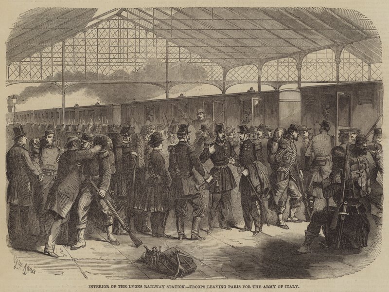 Interior de la Estación de Ferrocarril de Lyon, Tropas saliendo de París hacia el Ejército de Italia de Gustave Janet