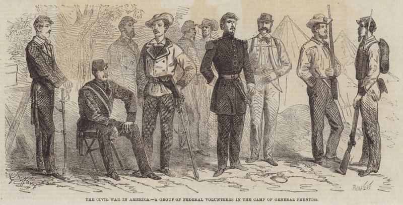La guerra civil en América, un grupo de voluntarios federales en el campamento del General Prentiss de Gustave Janet