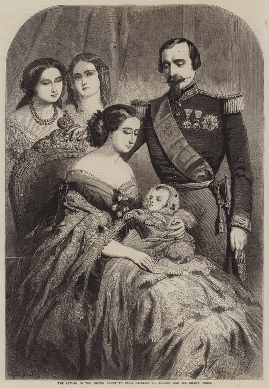 El regreso de la corte francesa a París, Napoleón III, Eugenia y el príncipe infante de Gustave Janet