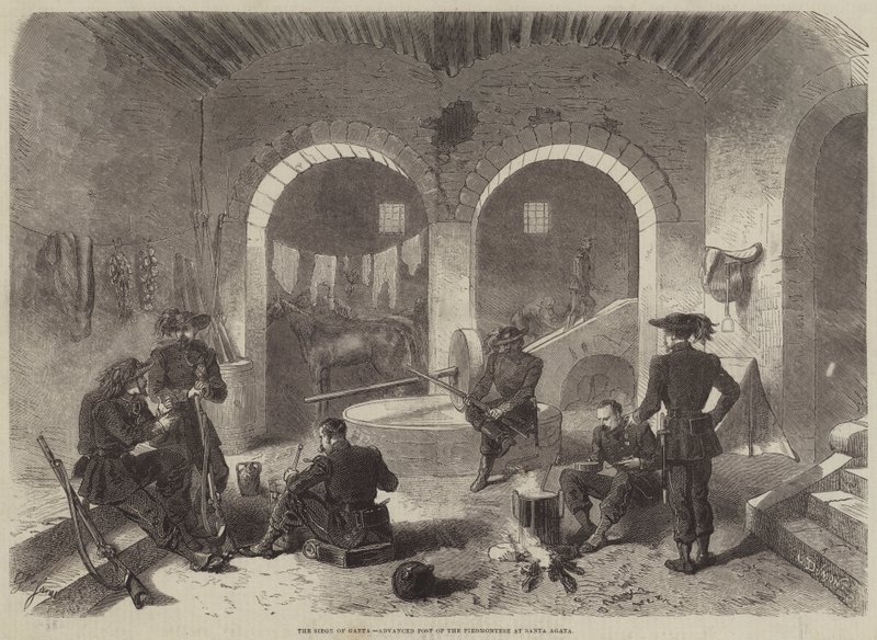 El asedio de Gaeta, puesto avanzado de los piamonteses en Santa Ágata de Gustave Janet