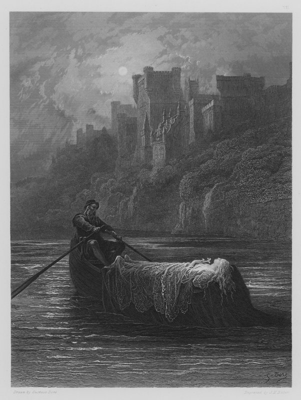 El cuerpo de Elaine en su camino al palacio del rey Arturo de Gustave after Dore