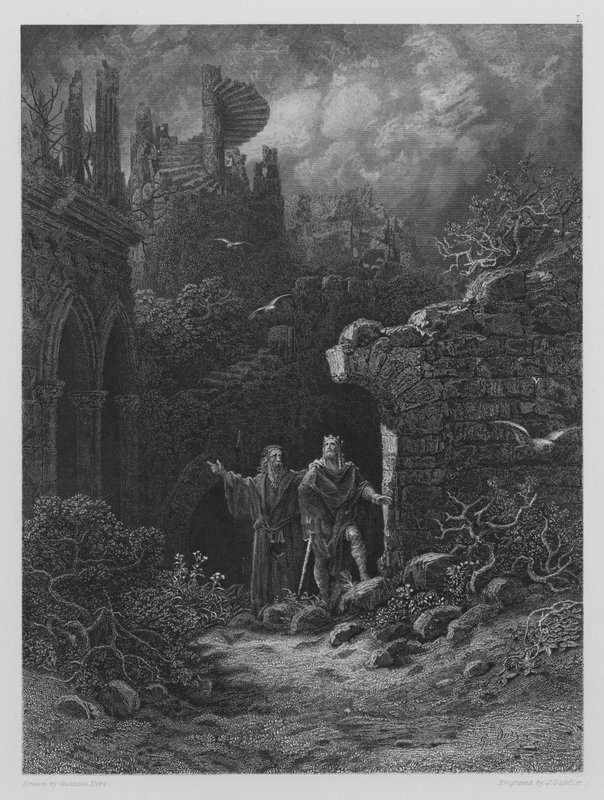 Yniol muestra al príncipe Geraint su castillo en ruinas de Gustave after Dore